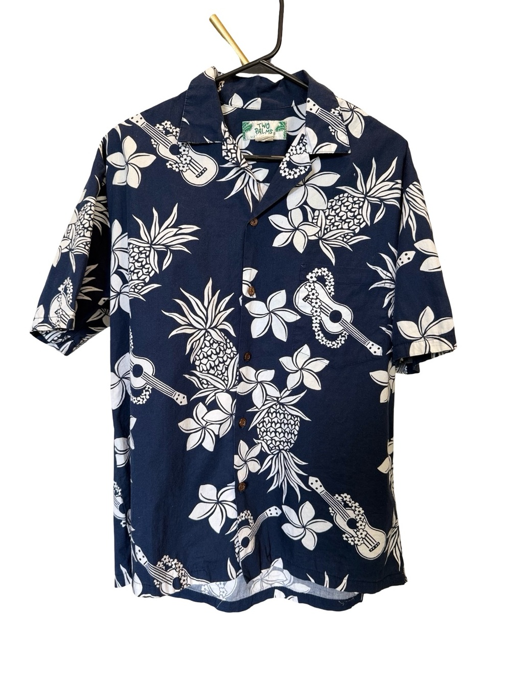 Two Palms Hawaiian Shirt Large Blue Pineapple Ukulele Aloha Camp Made in Hawaii